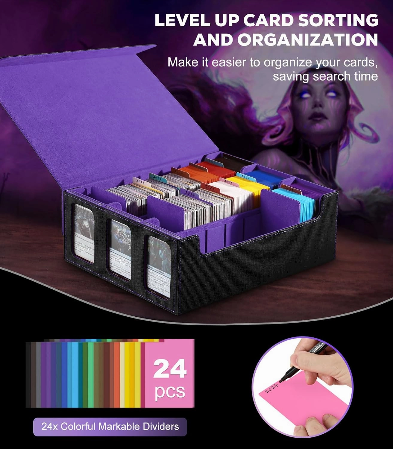 MoKo Trading Card Storage Box with Card Supporters, 2300  MTG Deck Box with 24 Colorful Divider Tabs, Commander Card Deck Case with Display Window Fits for Magic Game Cards & YugiOh, Black Purple