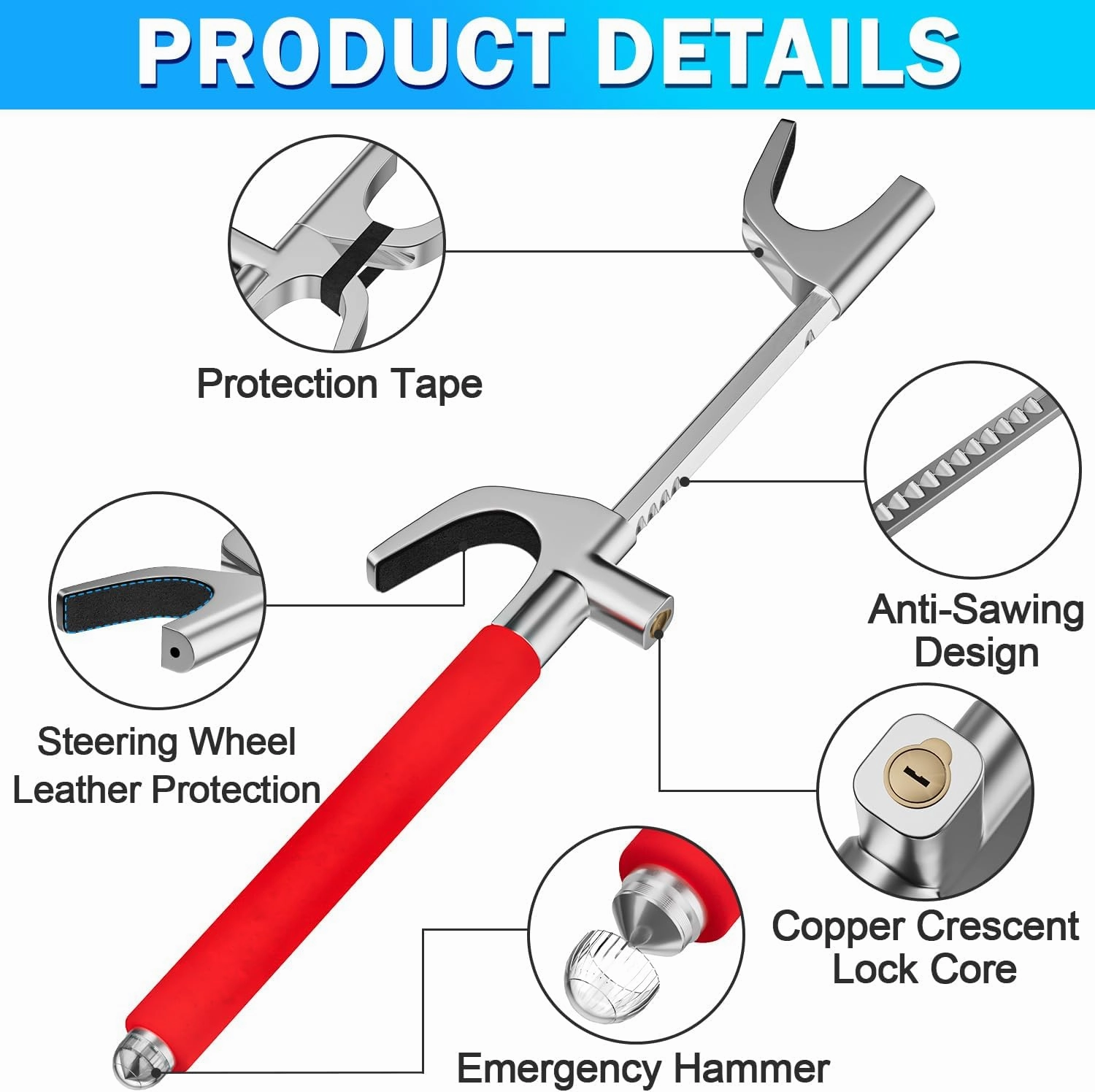 MONOJOY Steering Wheel Lock, Adjustable Antitheft Car Device, Universal Volante Prevention Accessory, with 3 Keys and Escape Hammer, for Truck SUV Van Security, Vehicle Immobilizer System