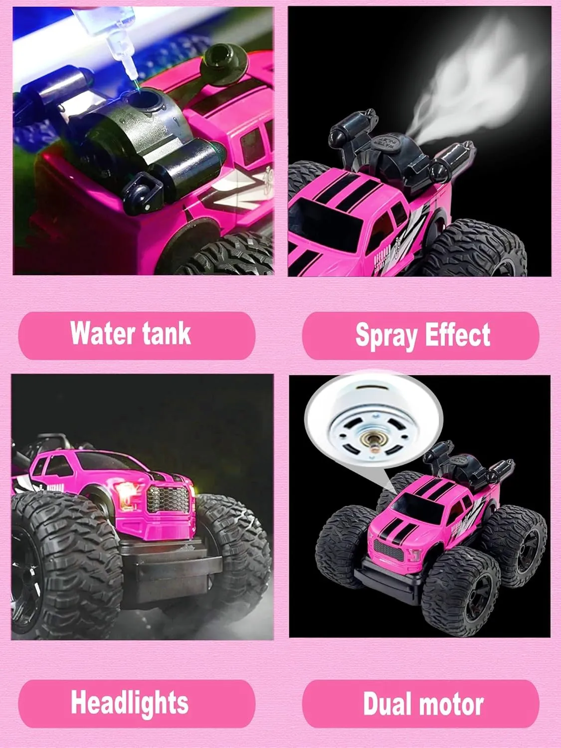Monster Truck for Girls, Remote Control Car Toys, Pink RC Trucks With Spray Function, 4WD 360 Flips Rotating Car, Ideal Birthday for 3  Year Old Girls