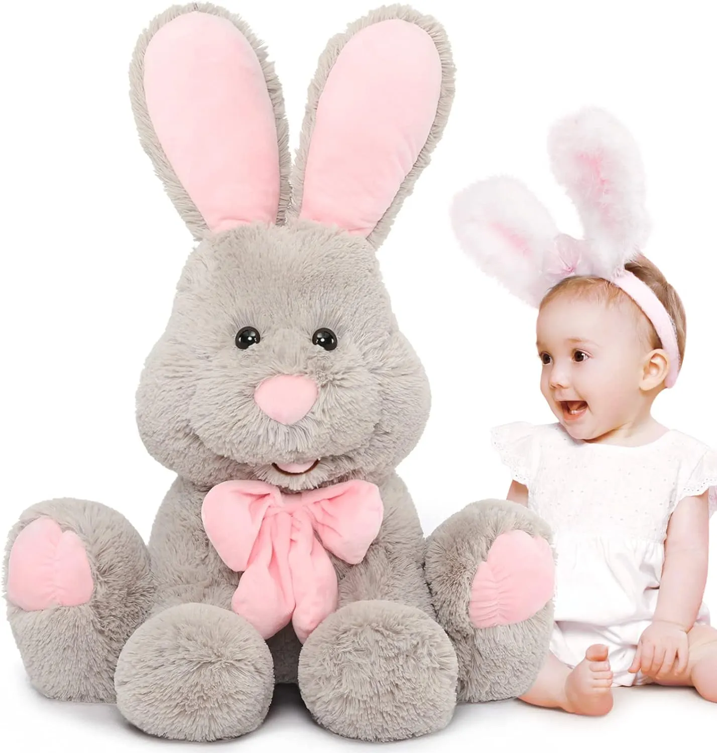 MorisMos Giant Bunny Stuffed Animal, 31.5'' Large Grey Rabbit Plush Toy with Pink Ears, Soft Toy for Girls/Boys, Ideal Gift for Easter, Halloween, Christmas, Cuddling, Snuggling