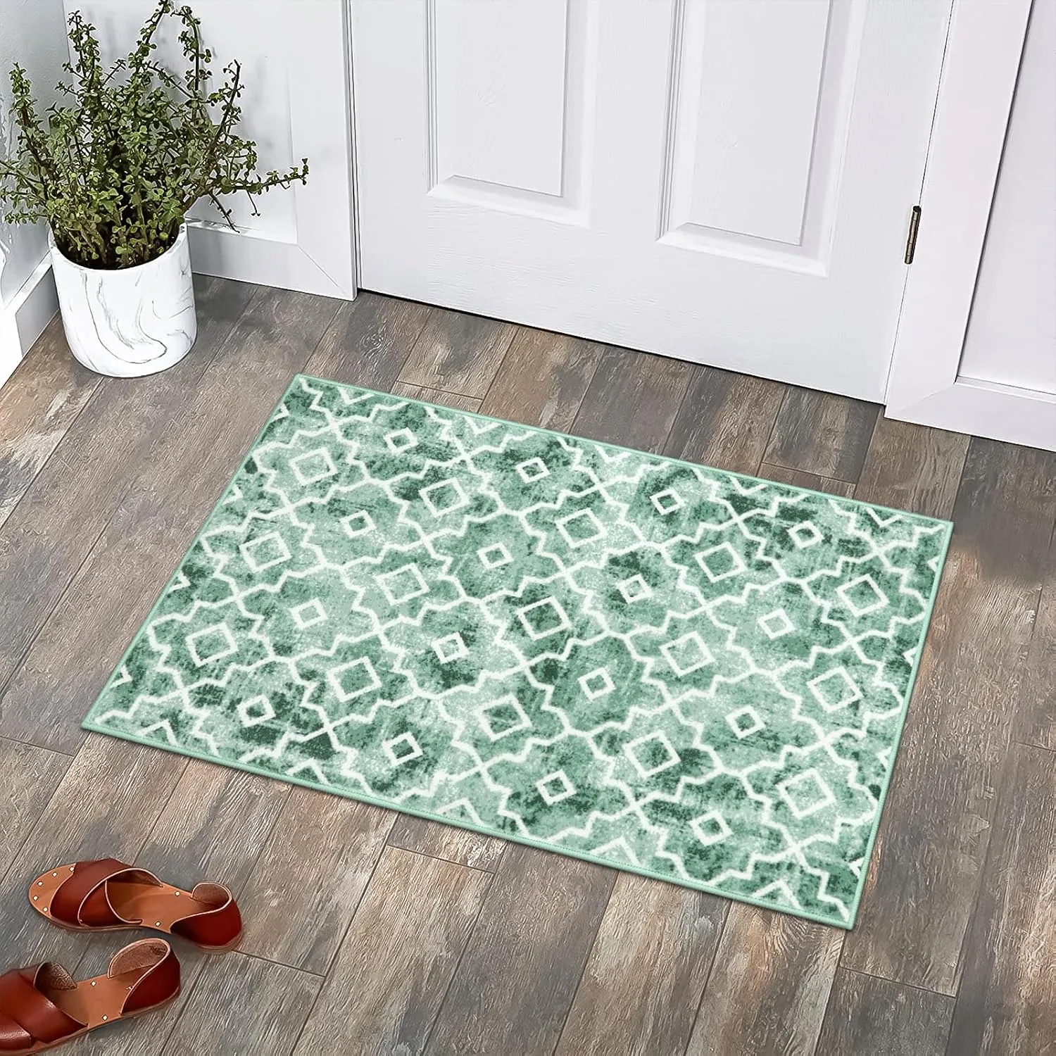 Moynesa Boho Moroccan Area Rug, 2x3 Modern Washable Rug for Entryway Kitchen Sink Rugs and Door Mats Non Skid, Low Profile Boho Small Bathroom Rug Entry Rugs Indoor Light Green