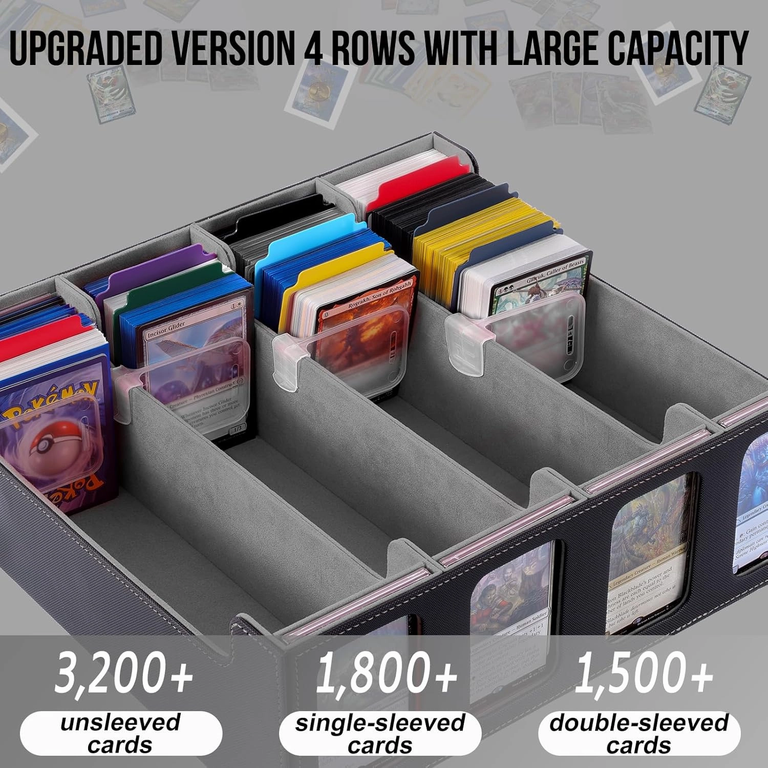 MTG Deck Box 3200  Card Storage with 12 Colorful Divider Tabs, PU Leather Viewing Windows, Fits Magic Game Cards (Gray)