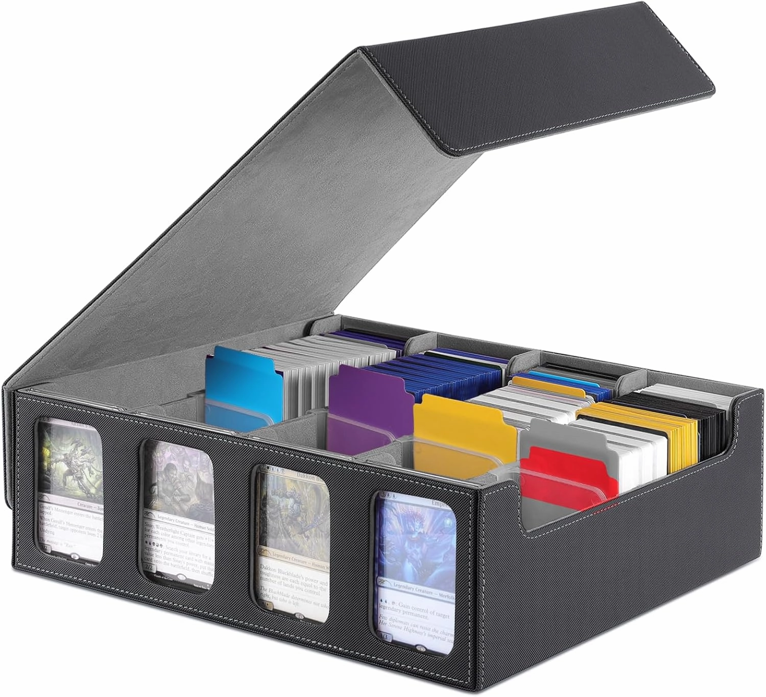 MTG Deck Box 3200  Card Storage with 12 Colorful Divider Tabs, PU Leather Viewing Windows, Fits Magic Game Cards (Gray)