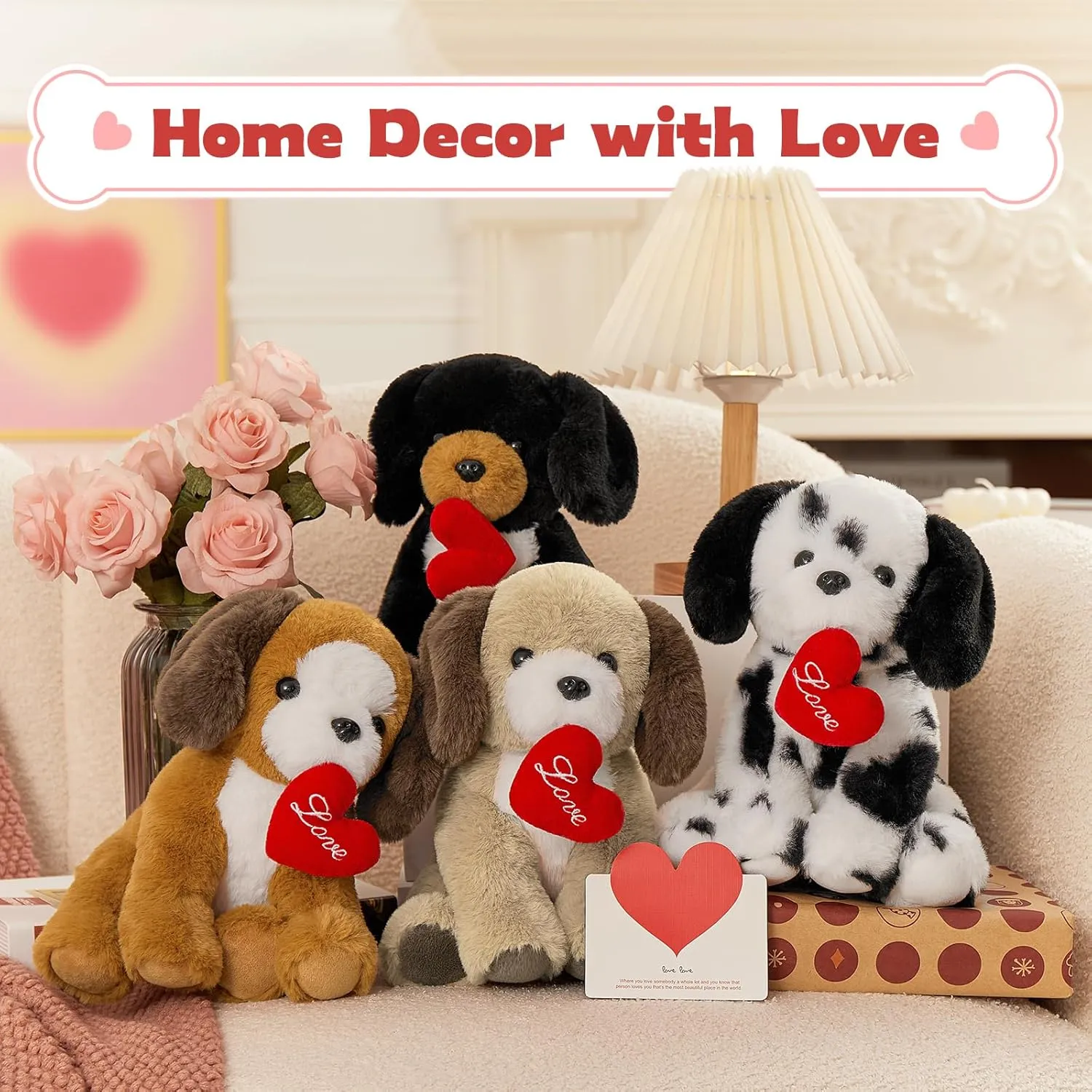 Muiteiur 4 Piece Dog Stuffed Animals, 8 Inch Dog Plush Bulk with Heart, Soft Puppy Plush Toys for Girlfriend Kids, Gift for Girls Kids