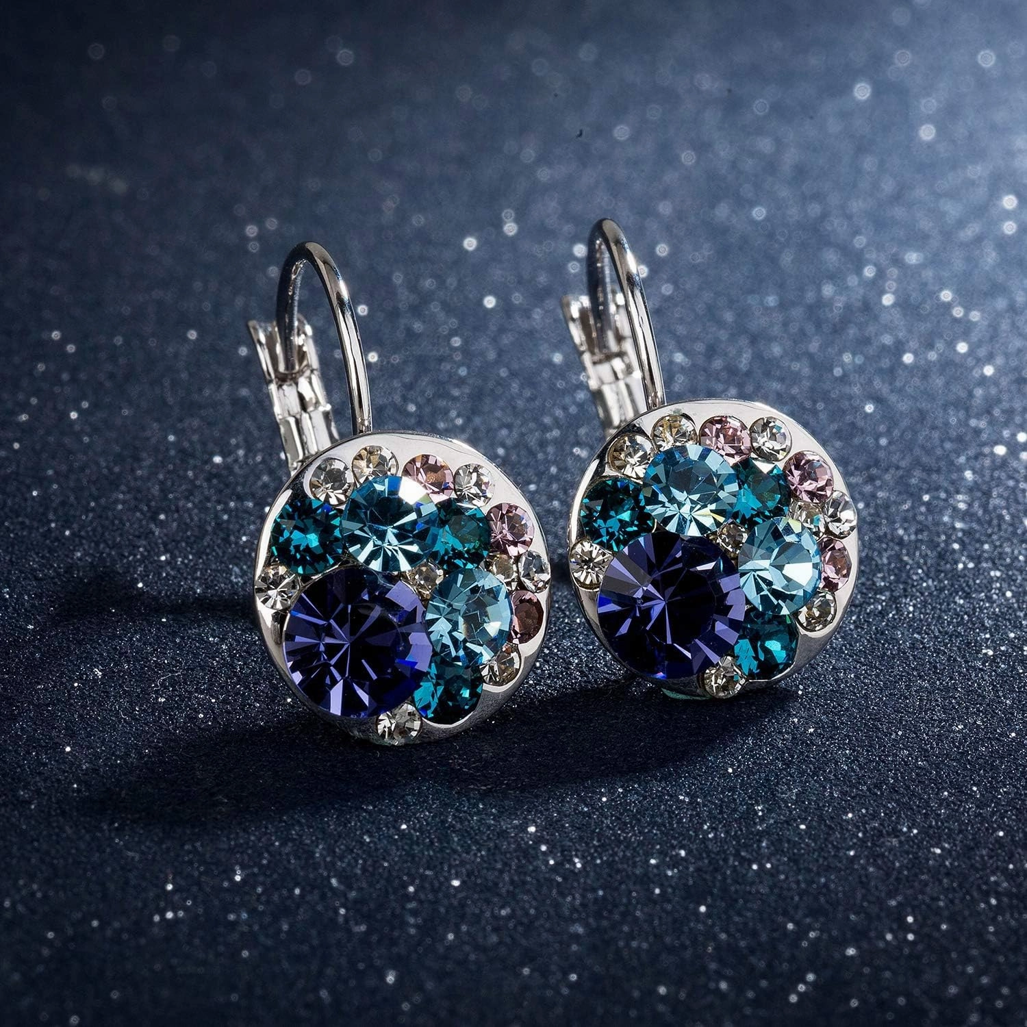 Multicolored Austrian Crystal Leverback Earrings for Women 14K Gold Plated Dangle Hoop Earrings Hypoallergenic Jewelry