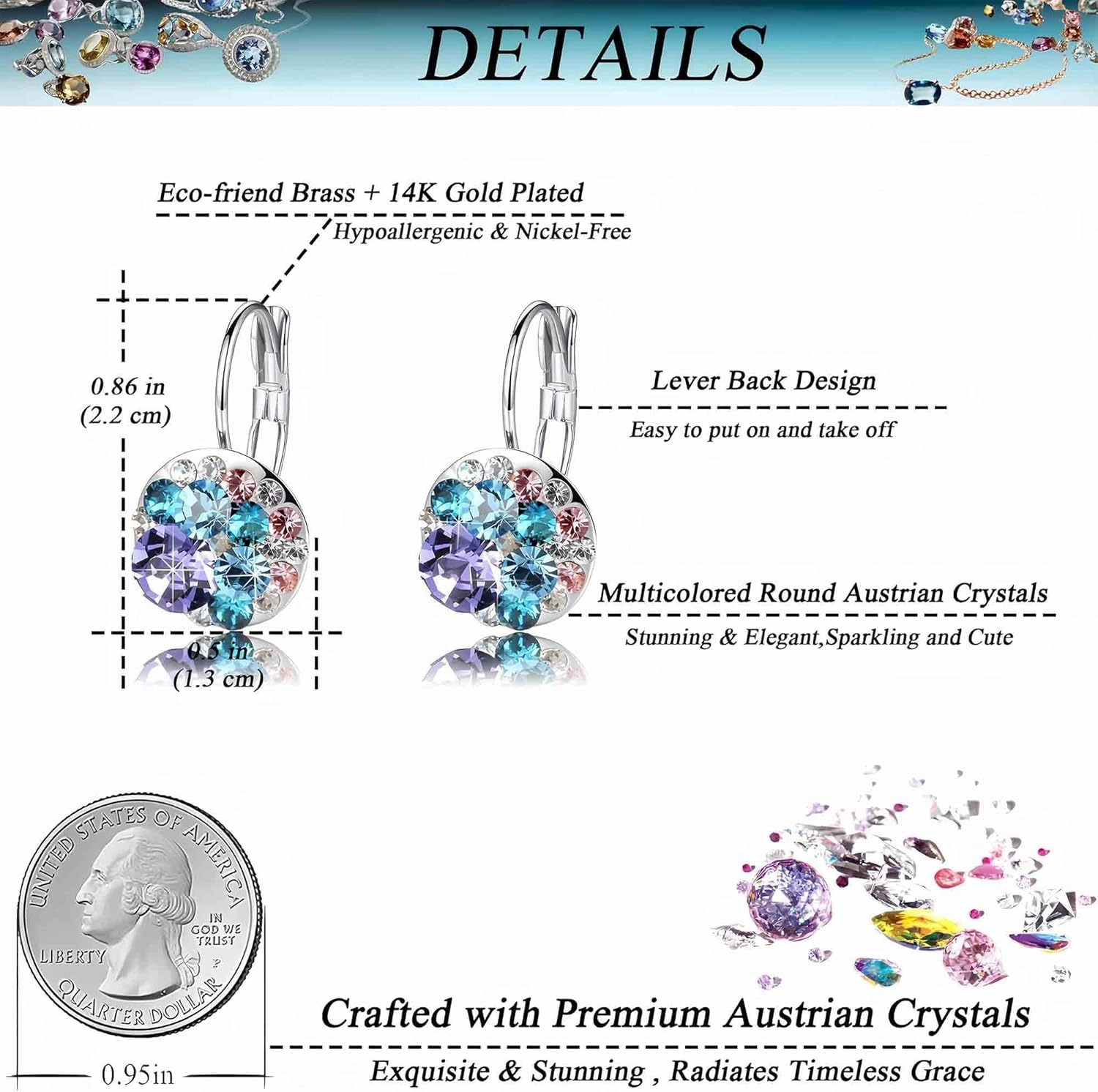 Multicolored Austrian Crystal Leverback Earrings for Women 14K Gold Plated Dangle Hoop Earrings Hypoallergenic Jewelry
