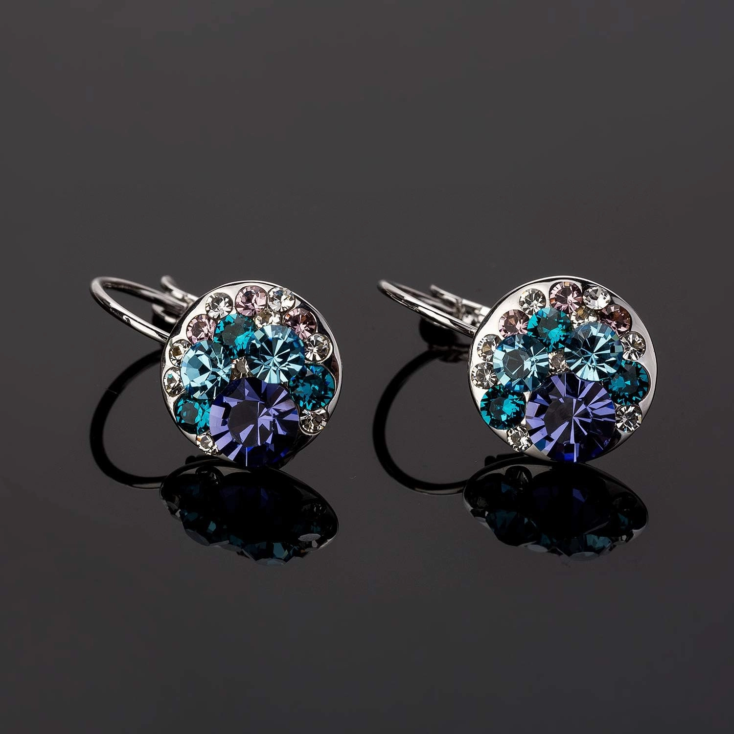 Multicolored Austrian Crystal Leverback Earrings for Women 14K Gold Plated Dangle Hoop Earrings Hypoallergenic Jewelry