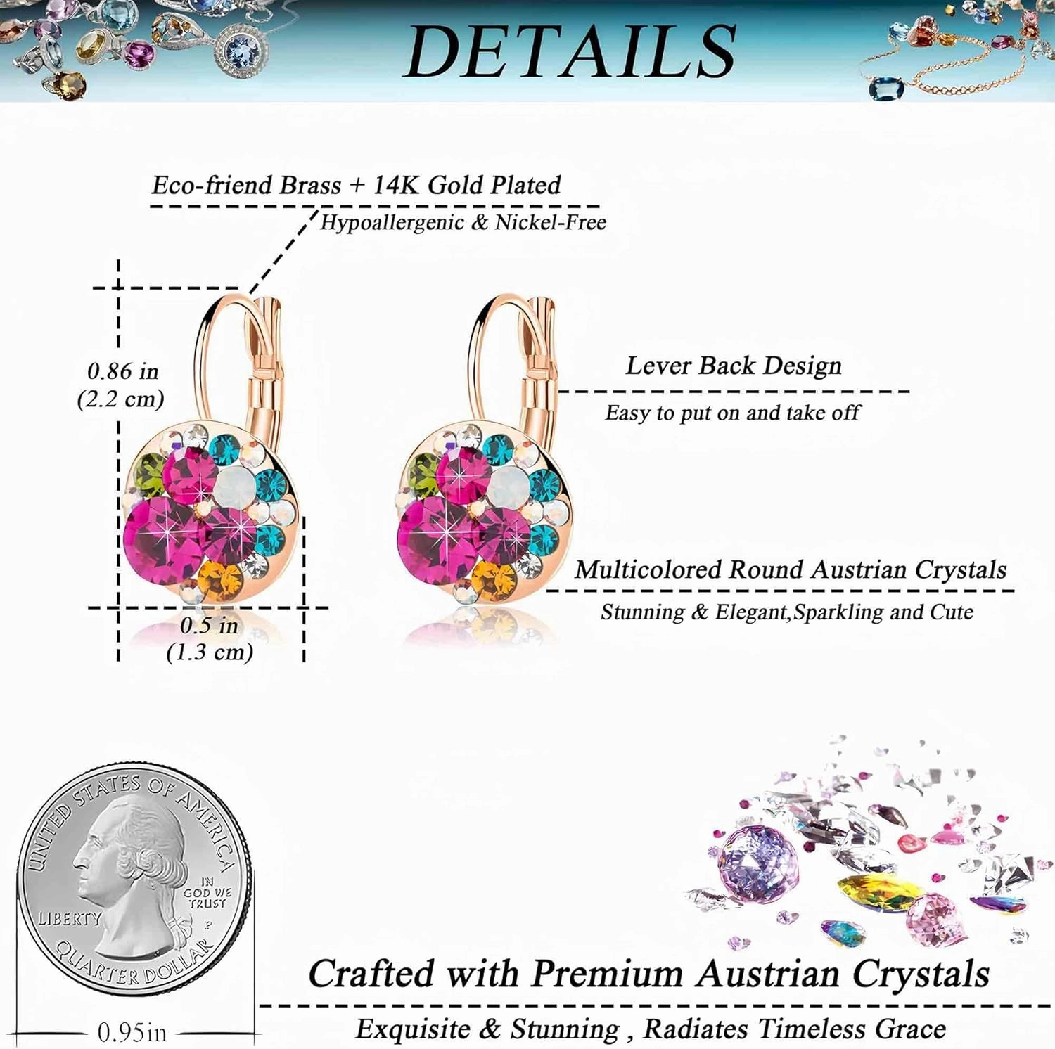 Multicolored Austrian Crystal Leverback Earrings for Women 14K Gold Plated Dangle Hoop Earrings Hypoallergenic Jewelry