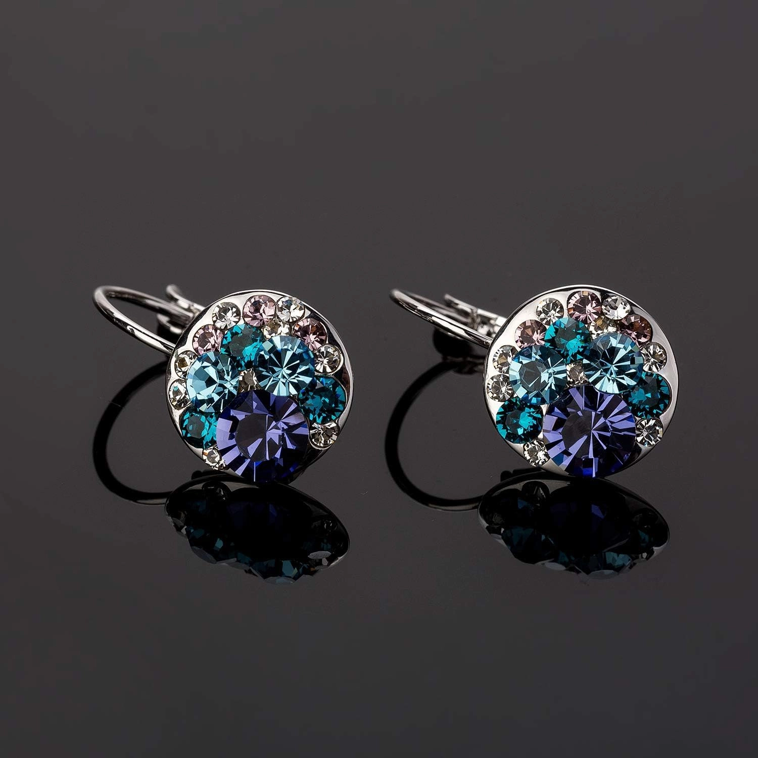 Multicolored Austrian Crystal Leverback Earrings for Women 14K Gold Plated Dangle Hoop Earrings Hypoallergenic Jewelry