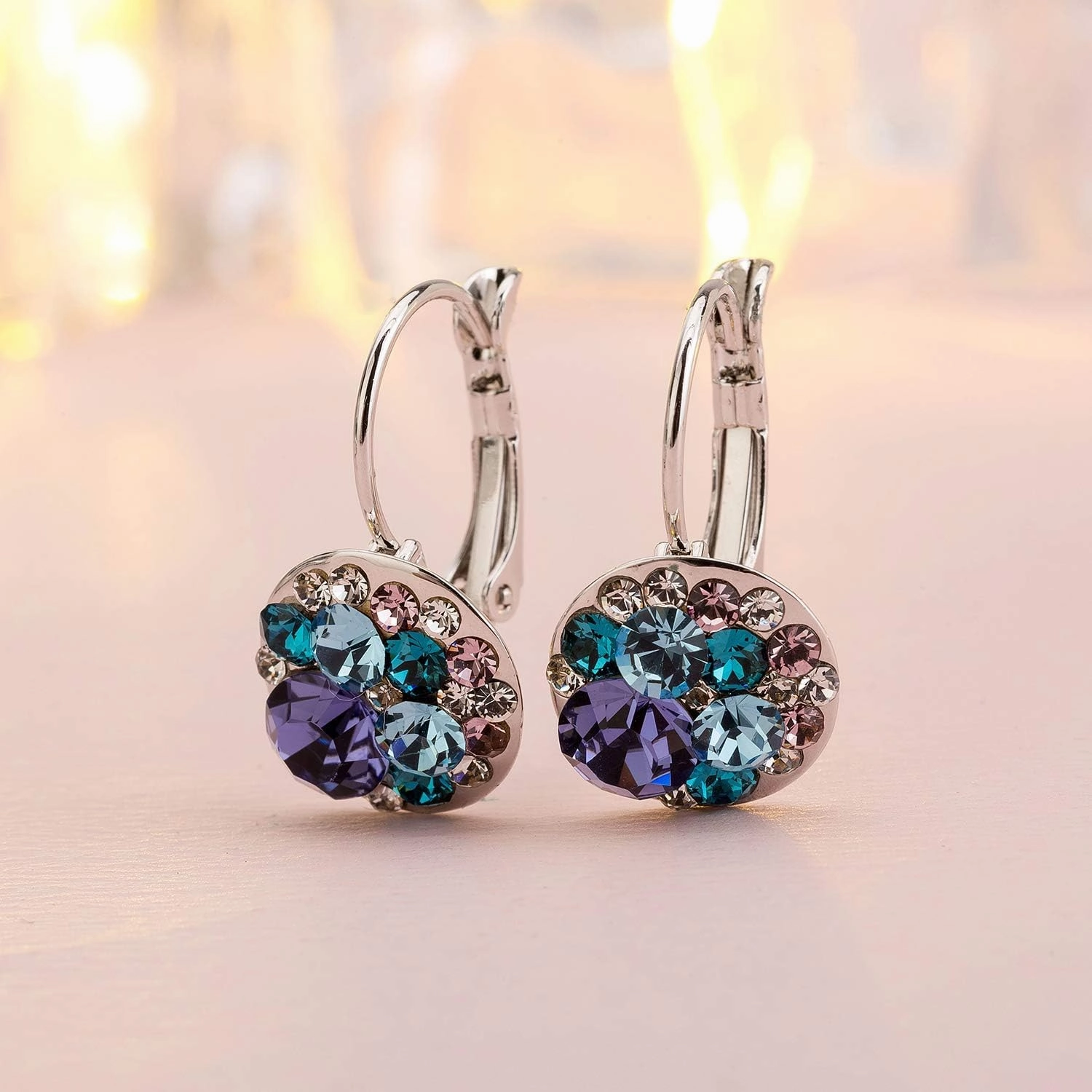Multicolored Austrian Crystal Leverback Earrings for Women 14K Gold Plated Dangle Hoop Earrings Hypoallergenic Jewelry