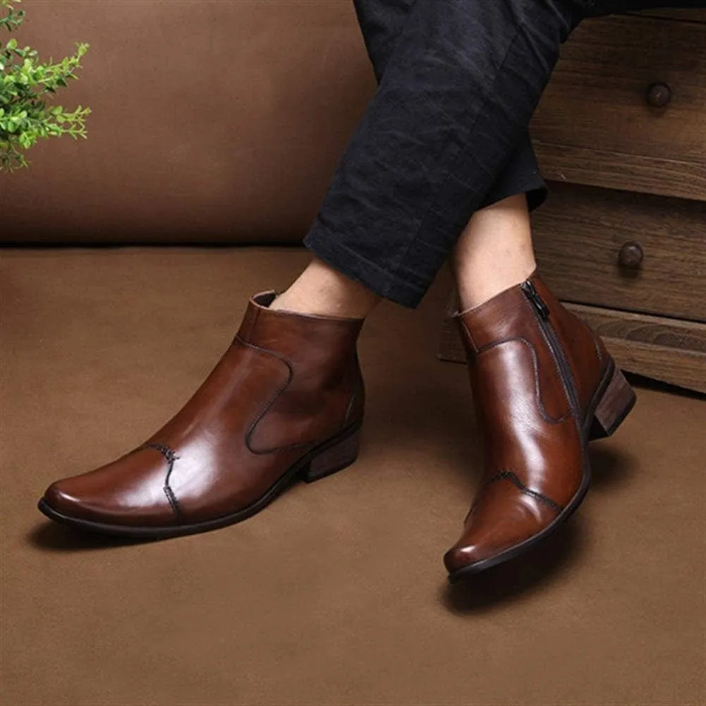 New Ankle Boots for Men Mens Pointed Zip High Top Boots Office Party Business Holiday for Club Genuine Leather The First Layer of Cowhide