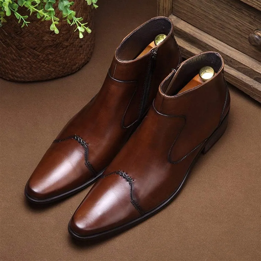 New Ankle Boots for Men Mens Pointed Zip High Top Boots Office Party Business Holiday for Club Genuine Leather The First Layer of Cowhide