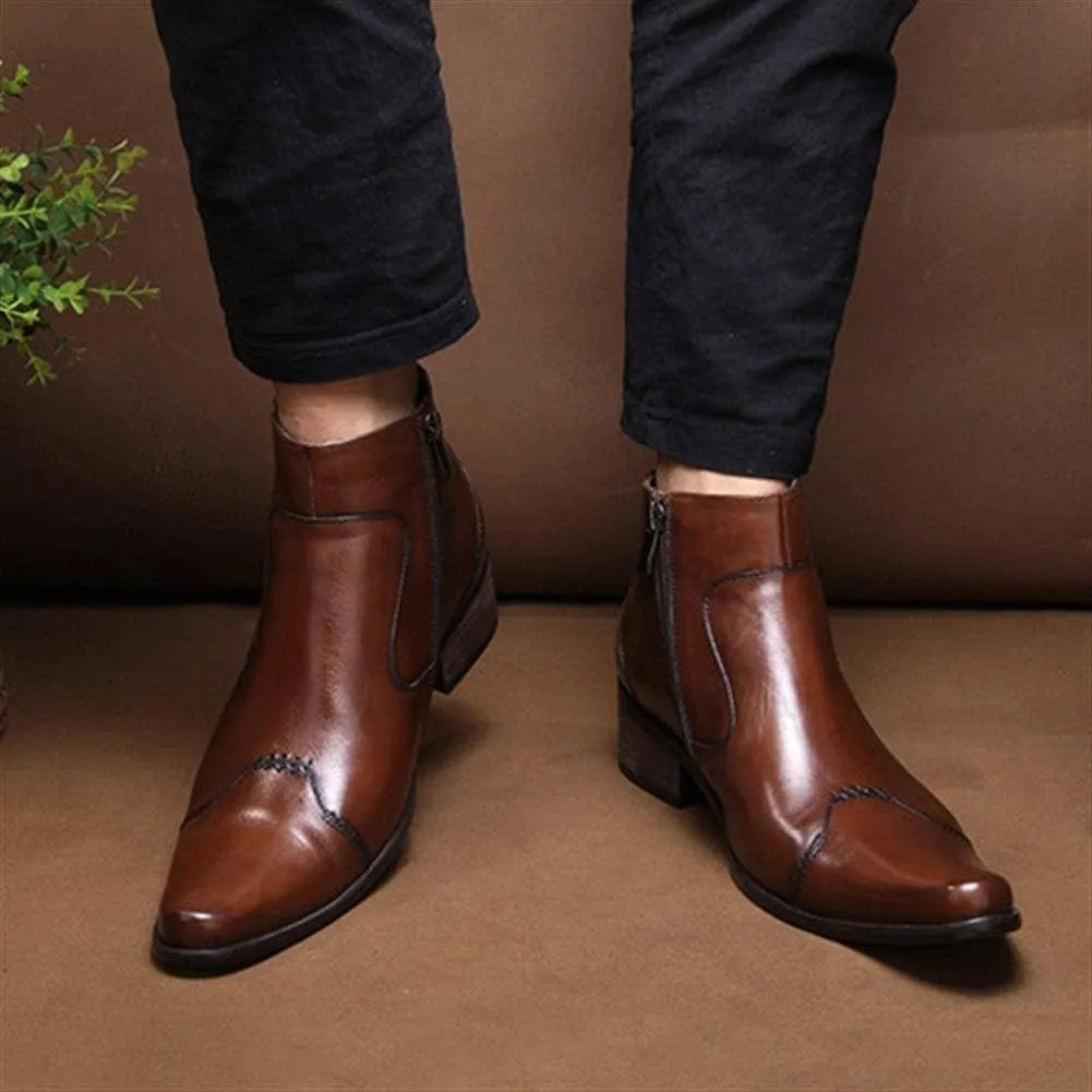 New Ankle Boots for Men Mens Pointed Zip High Top Boots Office Party Business Holiday for Club Genuine Leather The First Layer of Cowhide