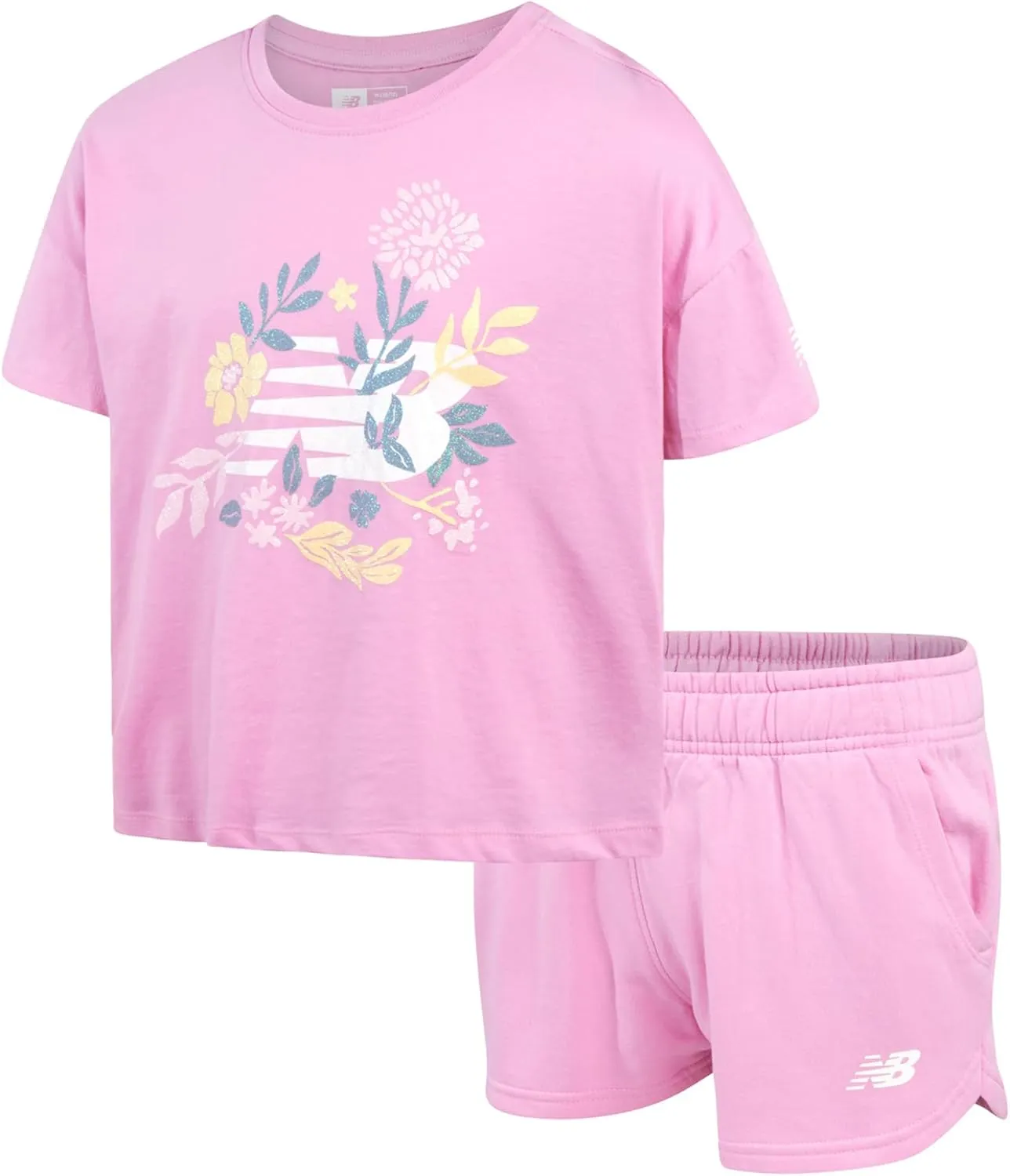 New Balance Girls' Active Shorts Set - 2 Piece Short Sleeve Performance T-Shirt and Fleece Shorts (Size: 7-16)