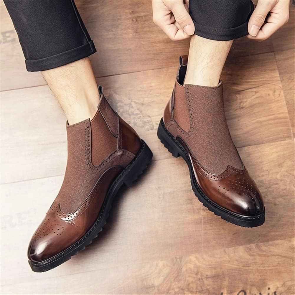New Ankle Boots For Men Carved Brogue Win Tip Burnished Toe Elastic Bandage Vegan Leather Wearable Waterproof Slip On Casual