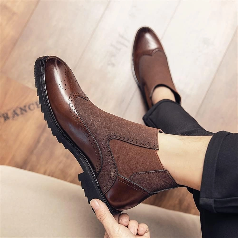 New Ankle Boots For Men Carved Brogue Win Tip Burnished Toe Elastic Bandage Vegan Leather Wearable Waterproof Slip On Casual