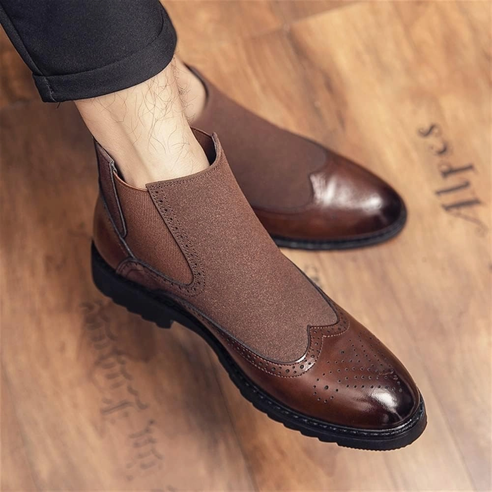 New Ankle Boots For Men Carved Brogue Win Tip Burnished Toe Elastic Bandage Vegan Leather Wearable Waterproof Slip On Casual