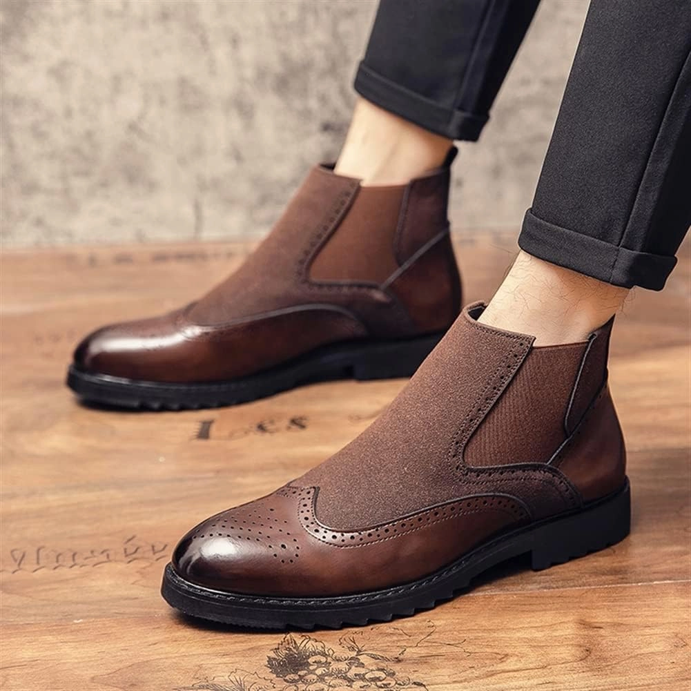 New Ankle Boots For Men Carved Brogue Win Tip Burnished Toe Elastic Bandage Vegan Leather Wearable Waterproof Slip On Casual