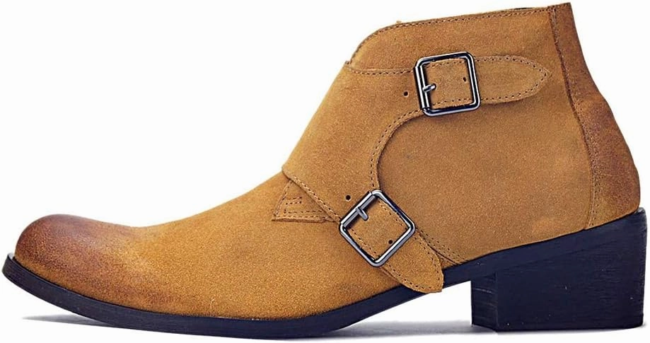 New Ankle Boots for Men Monk Strap High Heel Ankle Boots for Men Party Club Business Show Office for Holiday Pure Leather The First Layer of Cowhide(Suede Yellow,7)