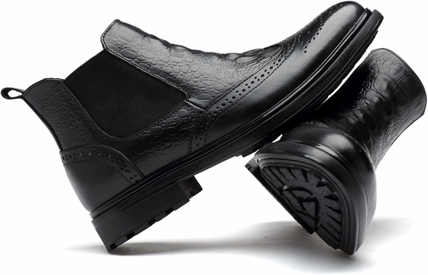 New Chelsea Boots For Men Elastic Bandage Carved Brogue Win Tip Crocodile Print Cowhide Leather Anti-slip Wearable Non Waterproof Formal Classic Slip On