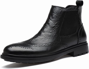 New Chelsea Boots For Men Elastic Bandage Carved Brogue Win Tip Crocodile Print Cowhide Leather Anti-slip Wearable Non Waterproof Formal Classic Slip On