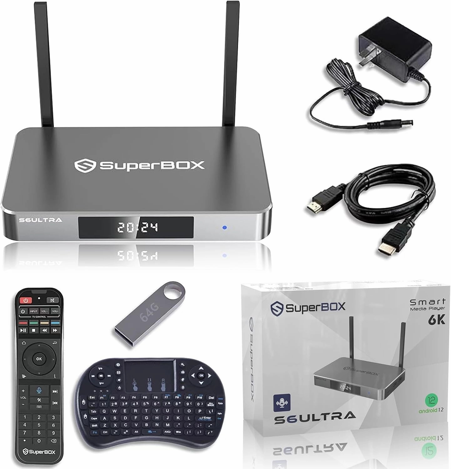 New Generation Smart S6-Ultra TV Box, 4G RAM   128G ROM, Silver, 1x Voice Remote, 1x Removable Storage USB Flash Drive, 1x HD Cable, 1x Mini Keyboard