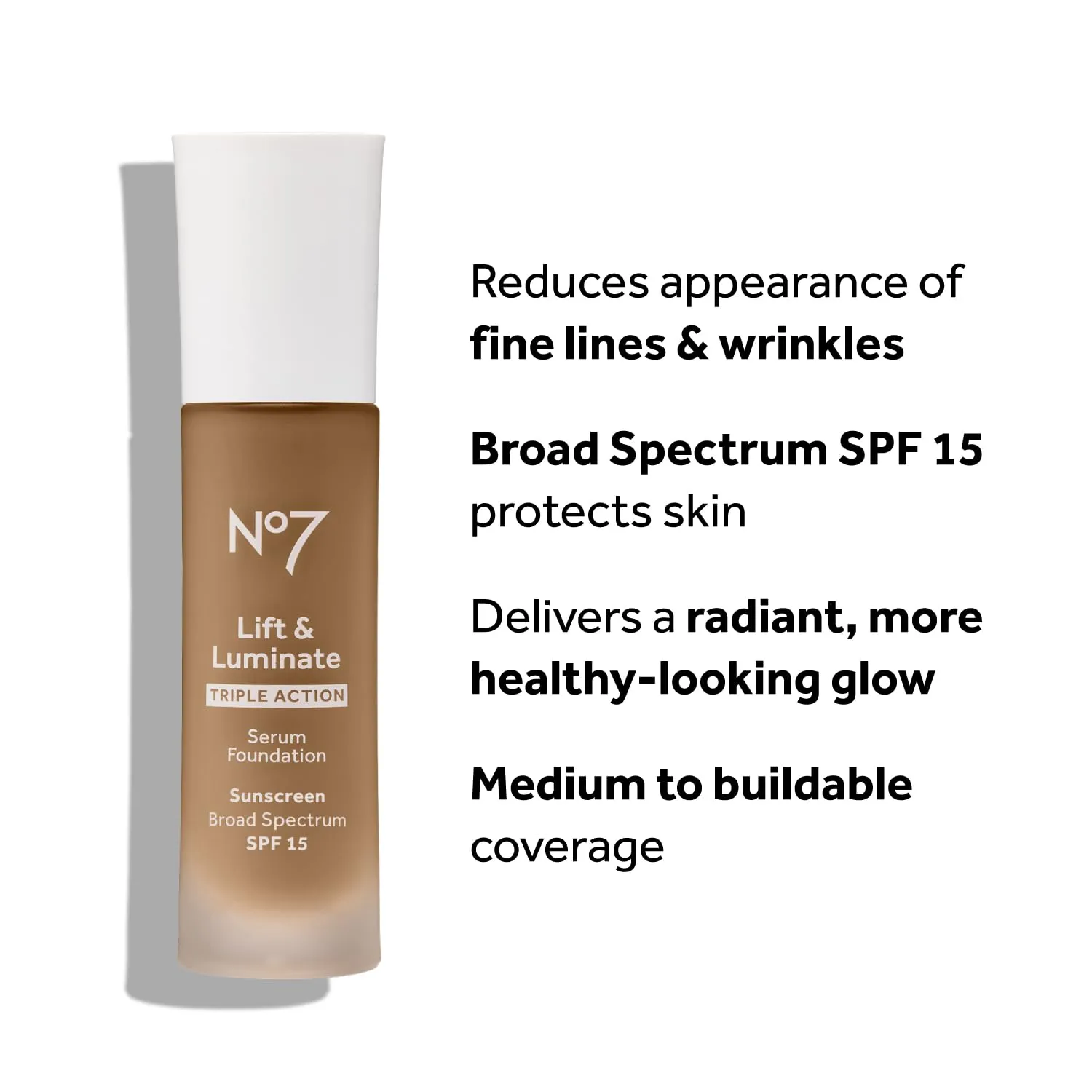 No7 Lift & Luminate Triple Action Serum Foundation - Liquid Makeup with SPF 15 for a Dewy, Glowy Base - Radiant Formula for Mature Skin - Sandalwood (30ml)
