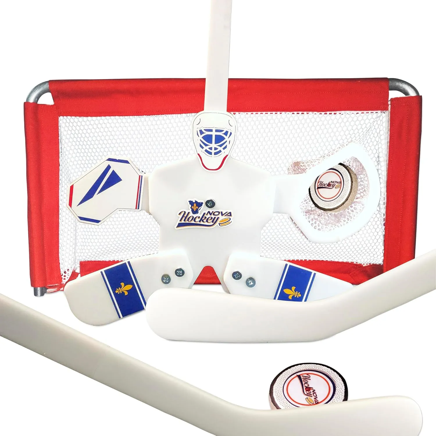 Nova Hockey Complete Set Table/Floor Hockey Game, Goalie, Net, (1) Pucks, (2) Sticks., White