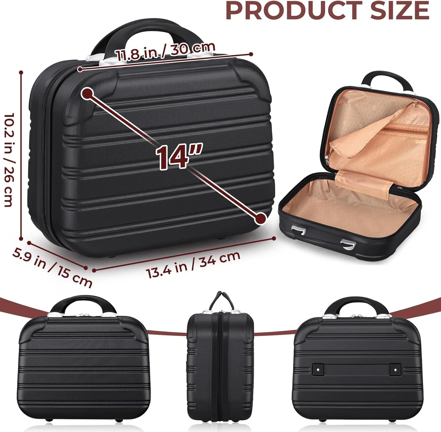 Noverlife 14 Inch Portable Makeup Case, Hard Case Makeup Travel Bag with Handle and Zipper, Makeup Train Case, Stylish Cosmetic Luggage Organizer Toiletry Box for Travel Camping Women Girls - Black