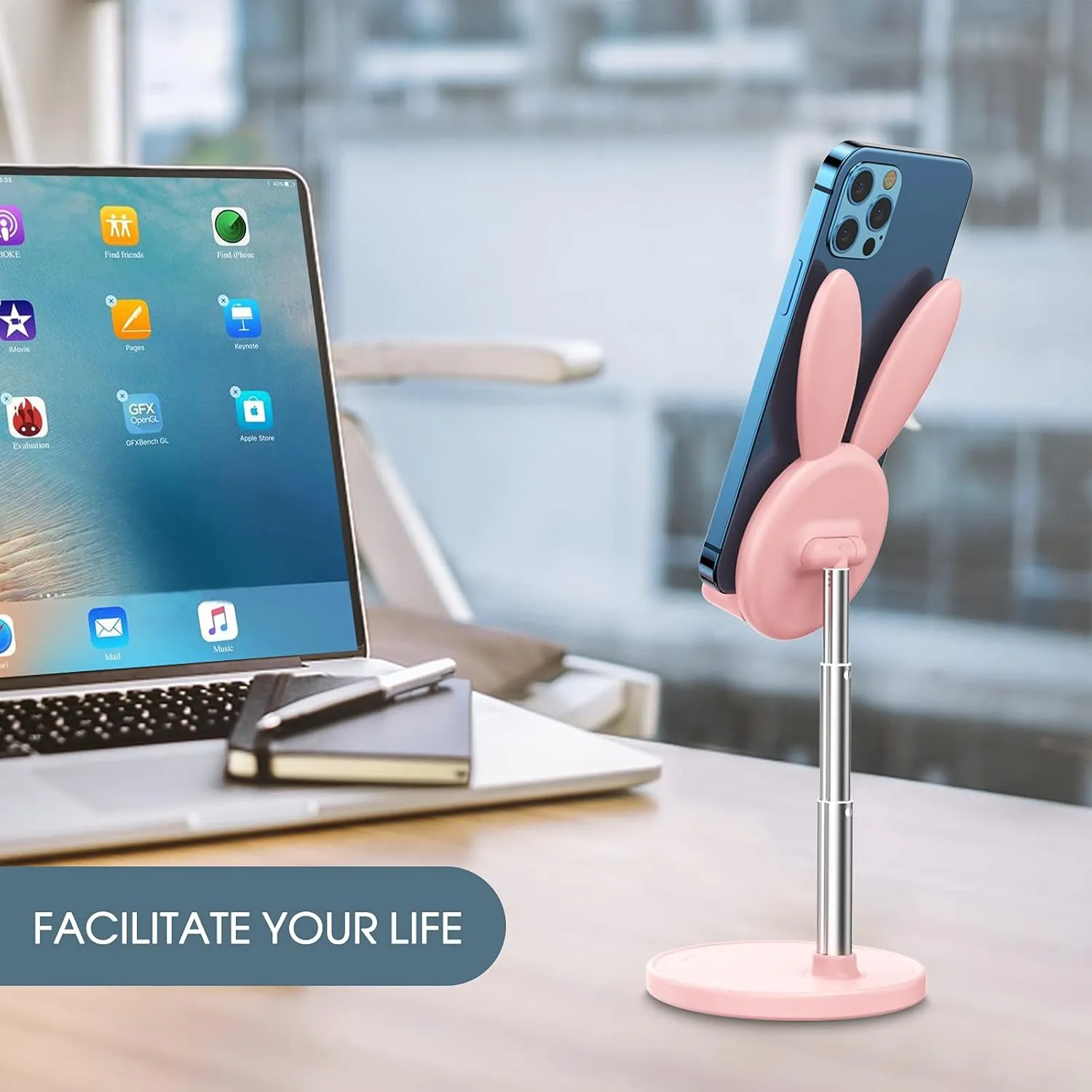OATSBASF Cute Cell Phone Stand, Adjustable Bunny Phone Stand for Desk, Thick Case Friendly Holder Compatible with iPhone, Kindle, iPad, Switch, All Phones (Pink)