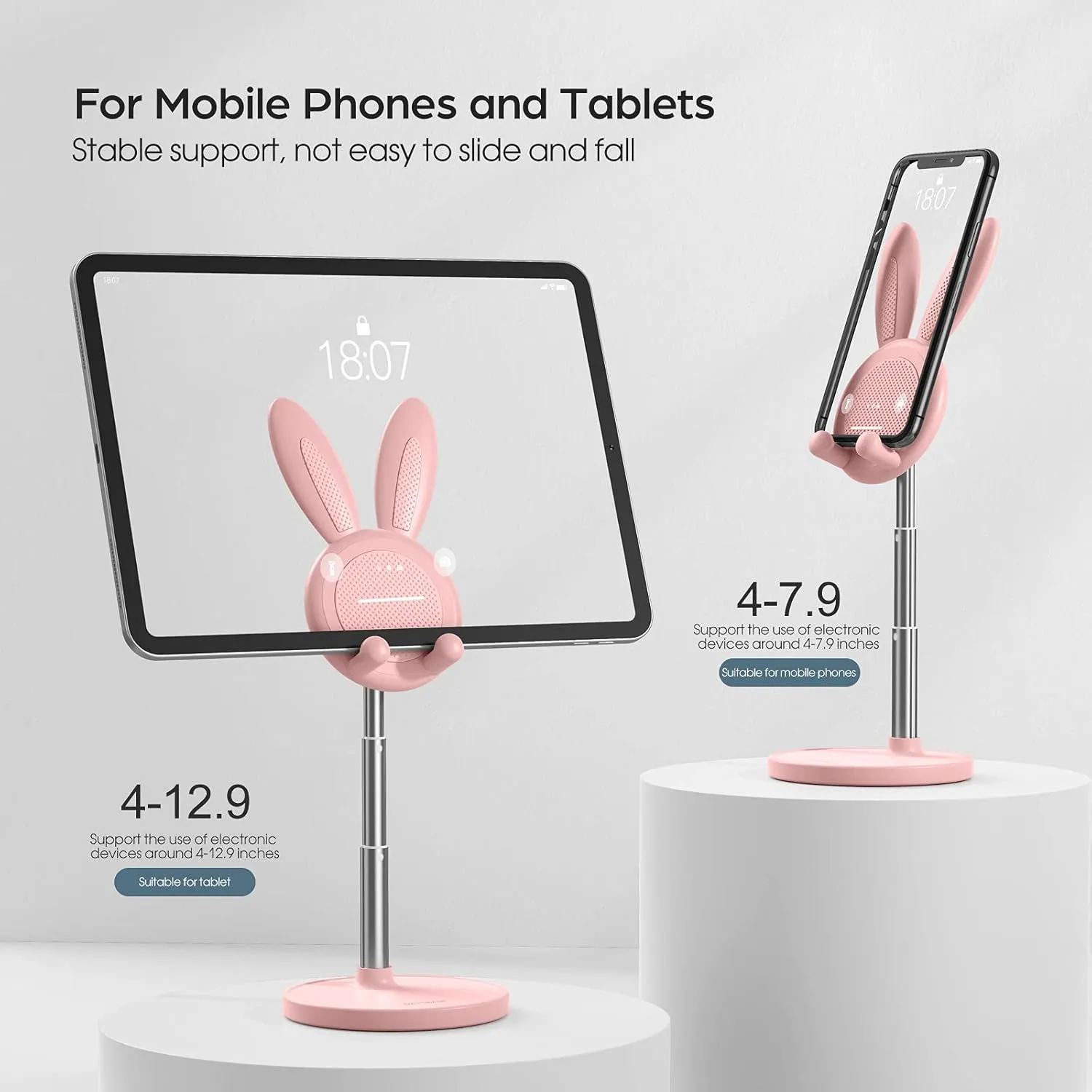 OATSBASF Cute Cell Phone Stand, Adjustable Bunny Phone Stand for Desk, Thick Case Friendly Holder Compatible with iPhone, Kindle, iPad, Switch, All Phones (Pink)