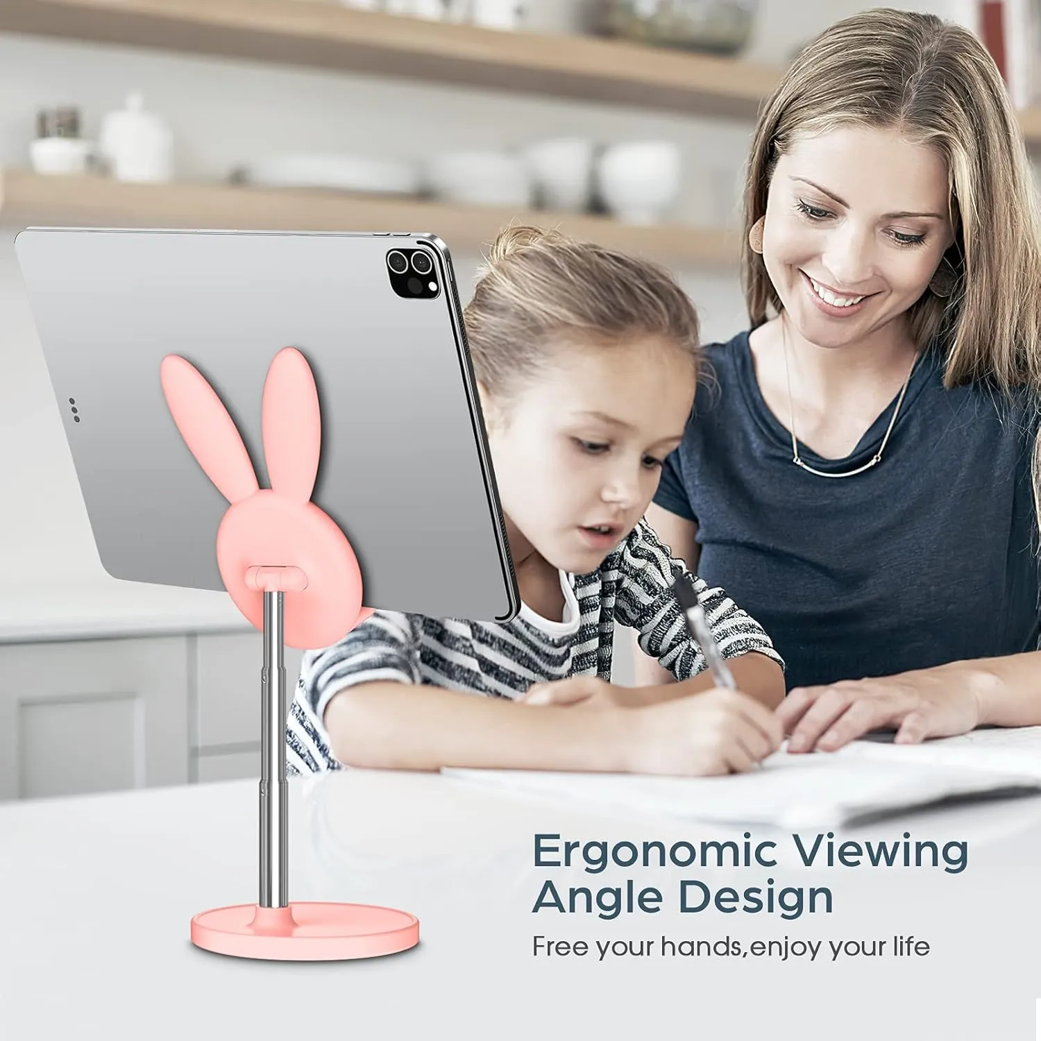 OATSBASF Cute Cell Phone Stand, Adjustable Bunny Phone Stand for Desk, Thick Case Friendly Holder Compatible with iPhone, Kindle, iPad, Switch, All Phones (Pink)