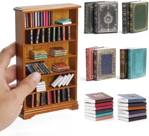 Odoria Dollhouse Bookshelf with Books Miniature: 73Pcs 1/12 Scale Victorian Paper Notebooks for Antique Vintage Living Room Library Office - Mini Storage Shelf Brown Furniture with School Supplies