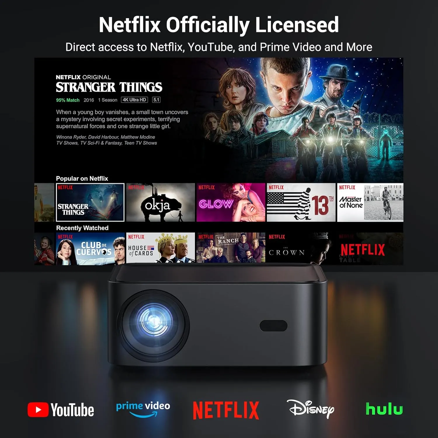 Official Licensed Netflix Smart Projector, HAPPRUN Projector 4K with Wifi and Bluetooth, DoIby Audio, Built-in Apps, Native 1080P 1000ANSI, Electric Focus, Portable Projector for Home Cinema, Bedroom
