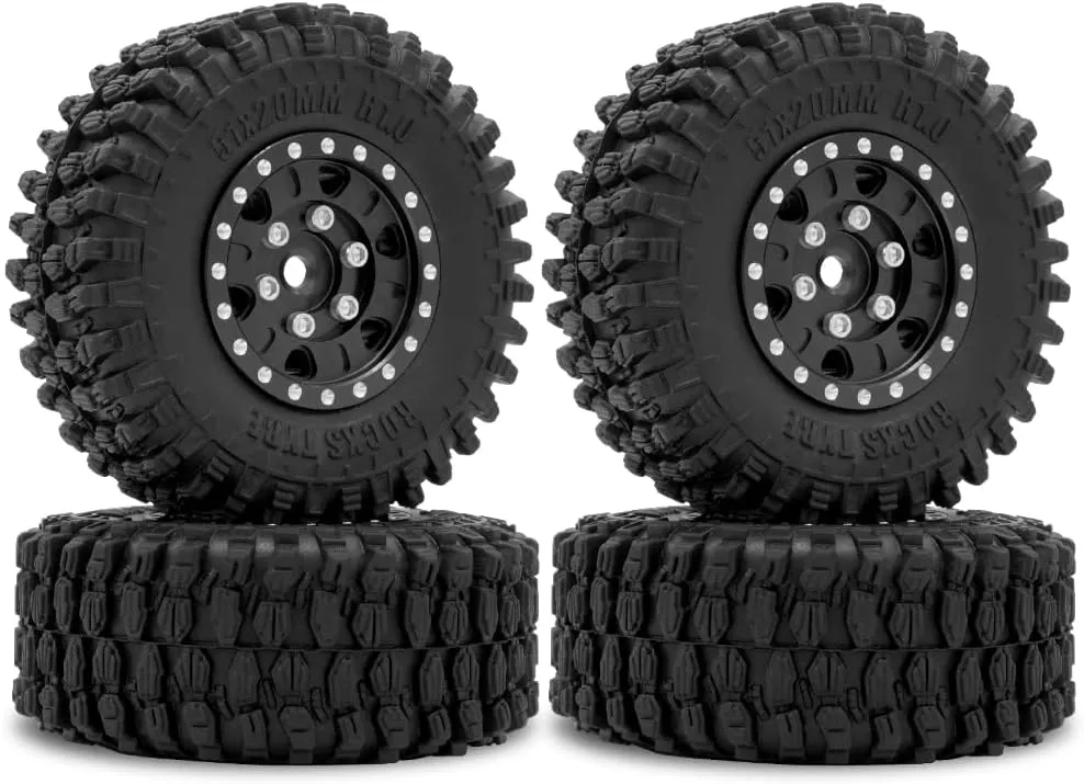OGRC 4Pcs 1.0 Wheel Rims 1.0 Beadlock Wheels Rims 1.0 Tires Soft Rubber Crawler Wheel Tires for Axial SCX24 Gladiator Bronco C10 JLU Deadbolt RC Crawler Upgrades Parts (Black)