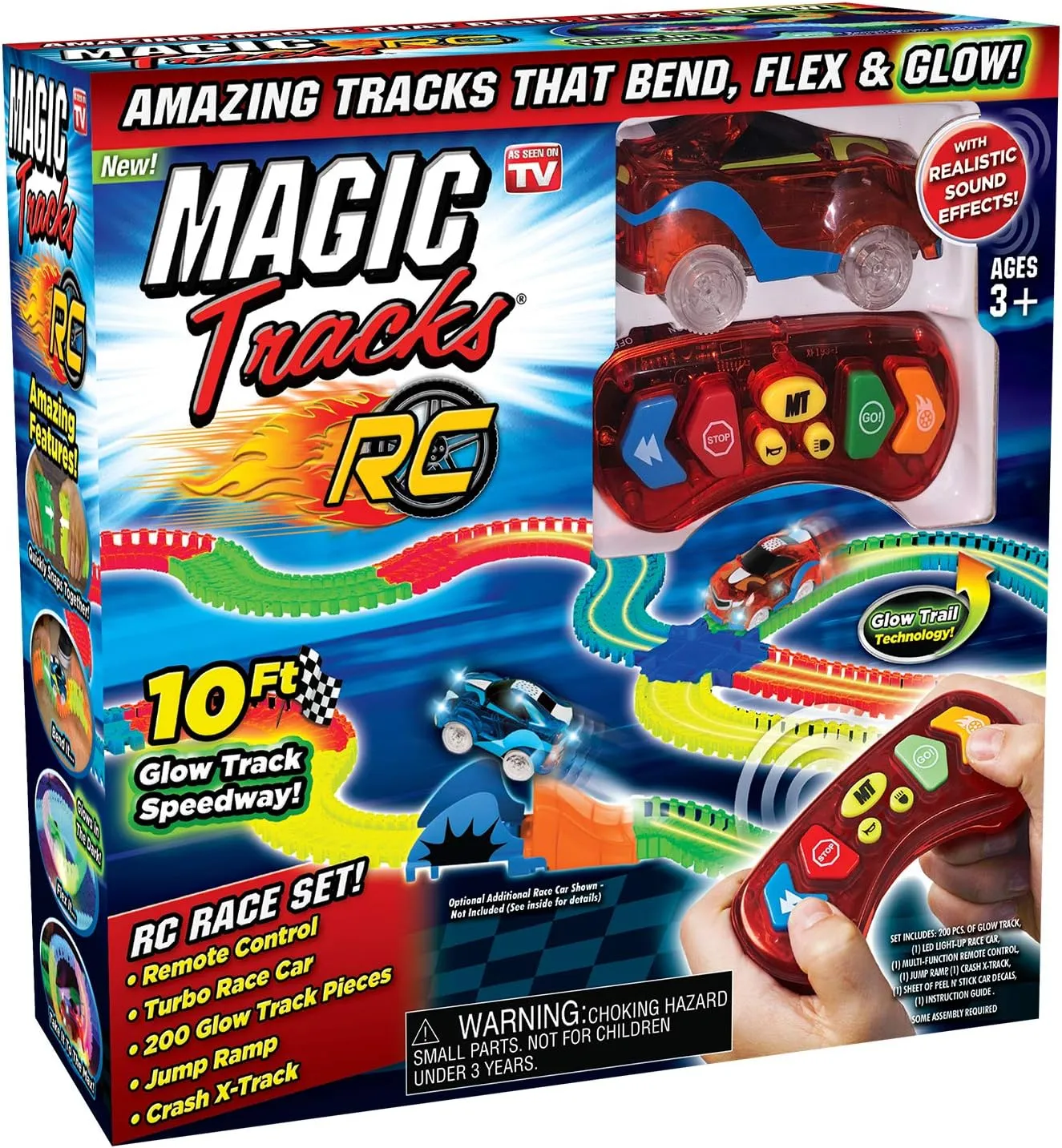 Ontel Magic Tracks RC - Remote Control Turbo Race Cars & 10 ft of Flexible, Bendable Glow in the Dark Racetrack - As Seen on TV, Color may Vary