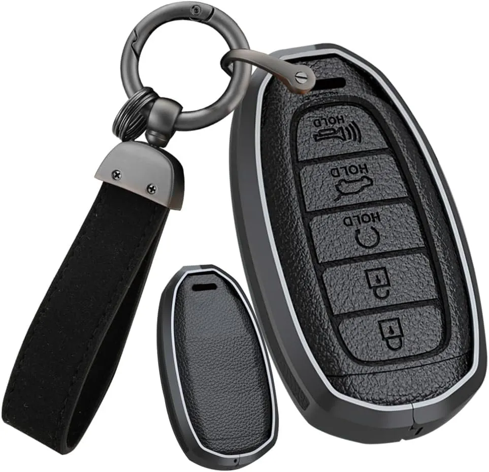 ontto 5-Button Car Key Bag Solid Key Holder Metal and Leather Key Fob Cover Compatible with Hyundai Elantra Grandeur Accent Solaris Sonata Palisade Kona Creta I20 I30 IX35 IX25 Accessories Black