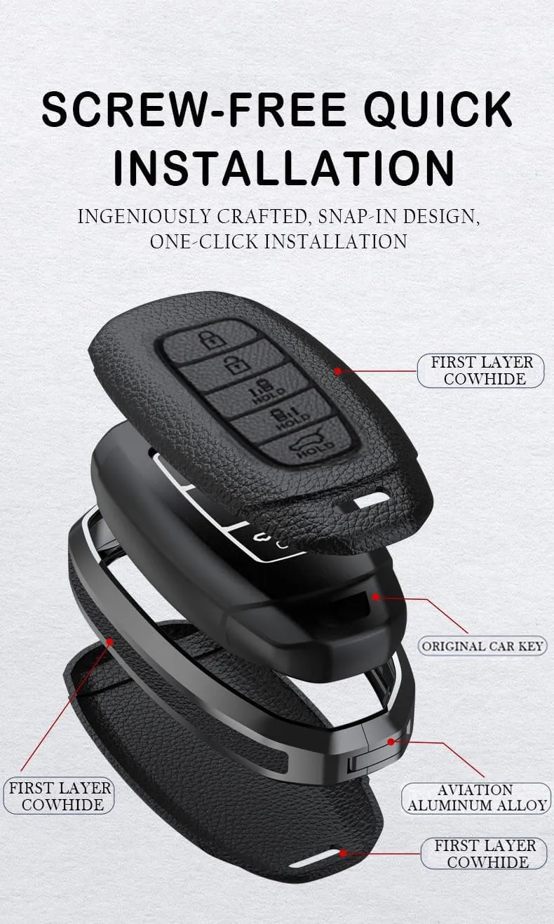 ontto 5-Button Car Key Bag Solid Key Holder Metal and Leather Key Fob Cover Compatible with Hyundai Elantra Grandeur Accent Solaris Sonata Palisade Kona Creta I20 I30 IX35 IX25 Accessories Black
