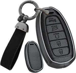 ontto 5-Button Car Key Bag Solid Key Holder Metal and Leather Key Fob Cover Compatible with Hyundai Elantra Grandeur Accent Solaris Sonata Palisade Kona Creta I20 I30 IX35 IX25 Accessories Black