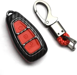ontto Ford Carbon Fiber Texture Smart Key Cover Case Shell Remote Box Chain Ring - Scratch & Fall Prevention - Fits Mondeo Focus 3 MK3 ST Kuga Titanium (Red)