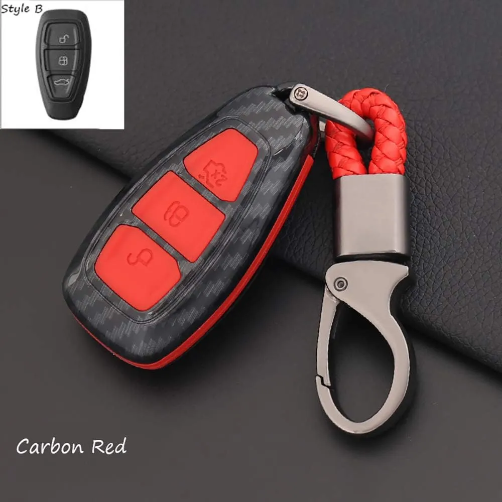 ontto Ford Carbon Fiber Texture Smart Key Cover Case Shell Remote Box Chain Ring - Scratch & Fall Prevention - Fits Mondeo Focus 3 MK3 ST Kuga Titanium (Red)