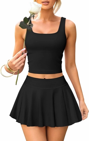 OQQ Women's 2 Piece Mini Skirt Sets Casual Summer Knit Cropped Tank Top with Sport Bra High Waisted Mini Skirts Outfit