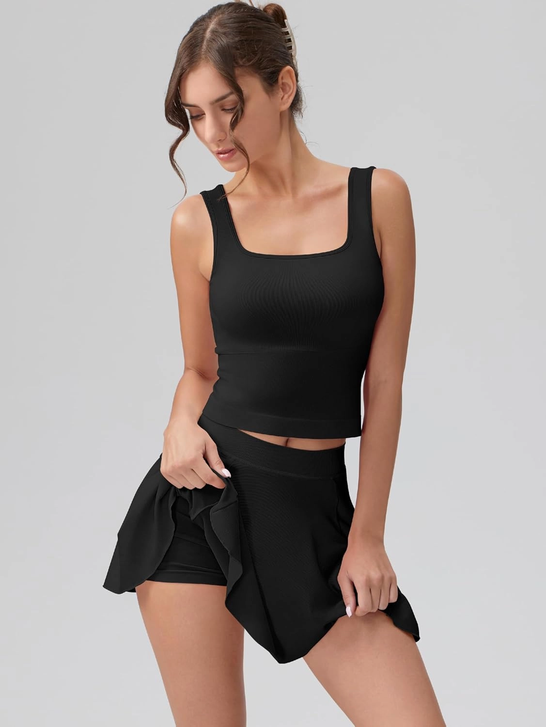 OQQ Women's 2 Piece Mini Skirt Sets Casual Summer Knit Cropped Tank Top with Sport Bra High Waisted Mini Skirts Outfit