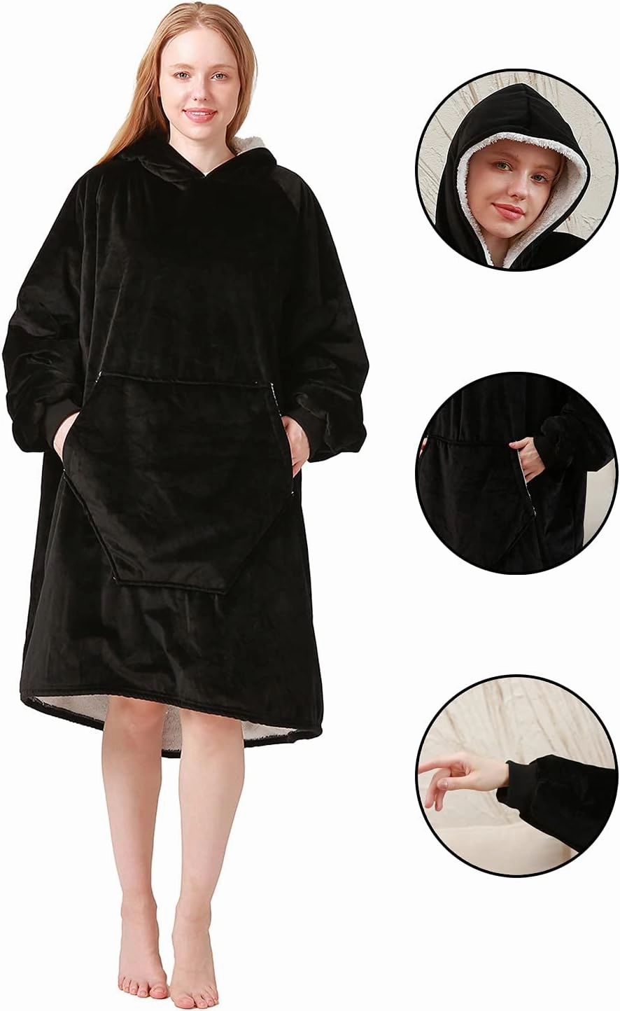 Oversize Wearable Blanket Sweatshirt with Hood Pocket Sleeves Warm Comfortable Plush Hooded Blanket