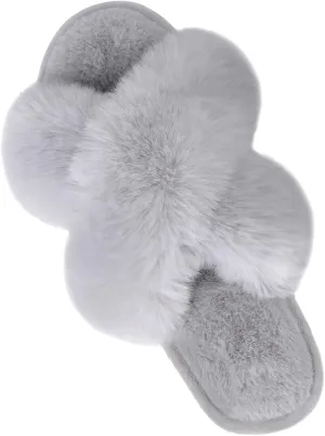 Parlovable Women's Fuzzy Slippers Comfy Cross Band House Shoes Memory Foam Open Toe Indoor Gifts for Ladies