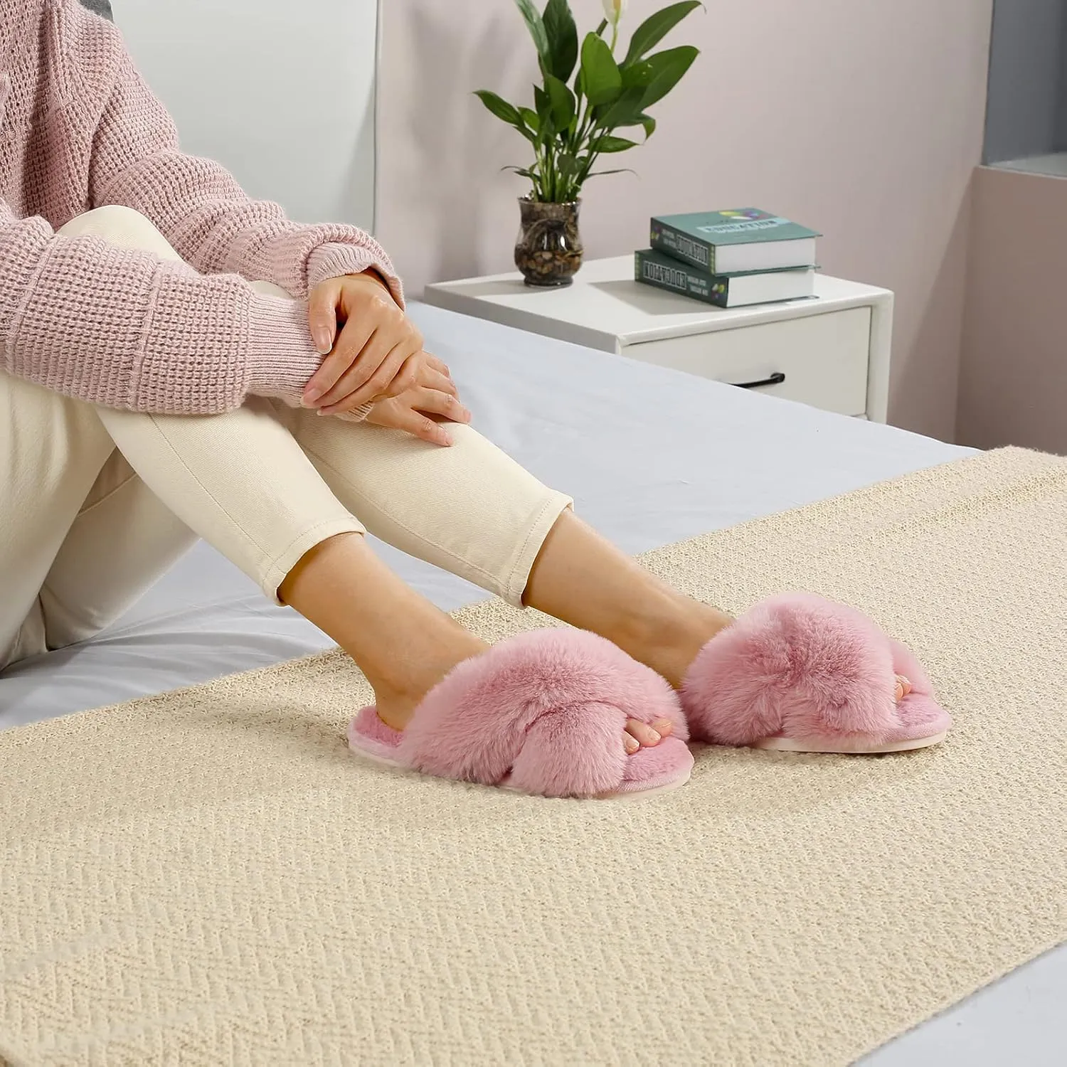 Parlovable Women's Fuzzy Slippers Comfy Cross Band House Shoes Memory Foam Open Toe Indoor Gifts for Ladies