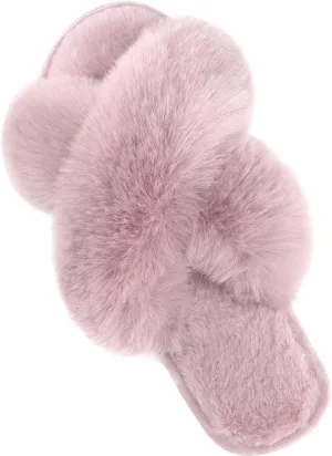 Parlovable Women's Fuzzy Slippers Comfy Cross Band House Shoes Memory Foam Open Toe Indoor Gifts for Ladies