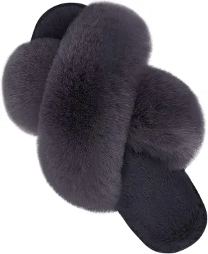 Parlovable Women's Fuzzy Slippers Comfy Cross Band House Shoes Memory Foam Open Toe Indoor Gifts for Ladies