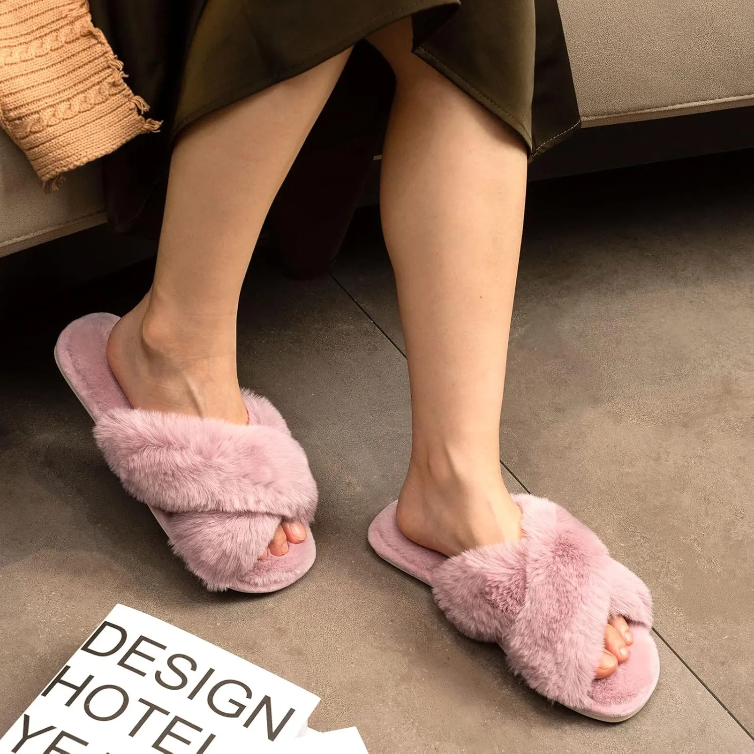 Parlovable Women's Fuzzy Slippers Comfy Cross Band House Shoes Memory Foam Open Toe Indoor Gifts for Ladies
