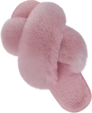 Parlovable Women's Fuzzy Slippers Comfy Cross Band House Shoes Memory Foam Open Toe Indoor Gifts for Ladies
